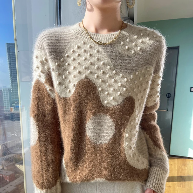 2024 Autumn Winter New Thickened O-Neck Pullover Women's 100% Merino Wool Abstract Fashion Sweater Korean Women's Clothes