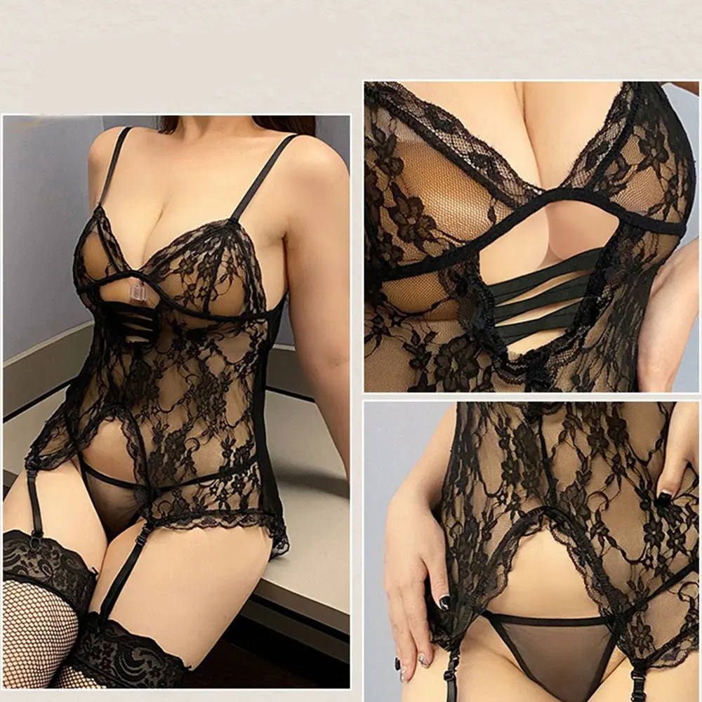 Lingerie Sexy en dentelle noire sans entrejambe pour femmes, body ajouré, Teddy Babydoll, soutien-gorge Anal ouvert en V profond, ensemble de sous-vêtements porno, pyjama érotique
