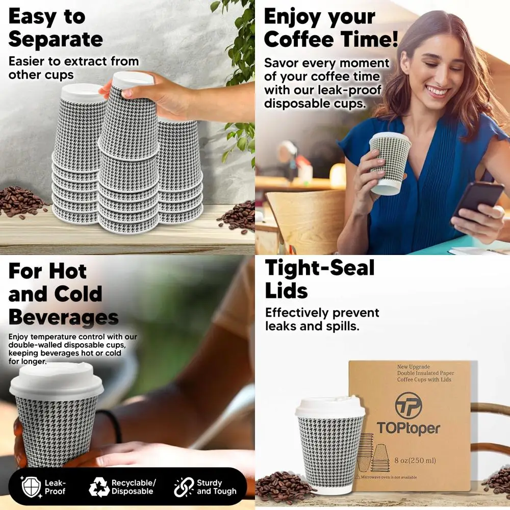 

8 oz Double Wall Insulated Disposable Cups with Lids, Bulk Pack for Hot or Cold Beverages, Ideal for Cafe Use