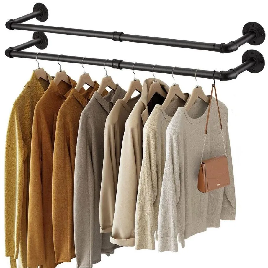 Wall Mounted Clothes Hanging Rack Rail Industrial Pipe Clothes Hanger Space-Saving Hanging Rod