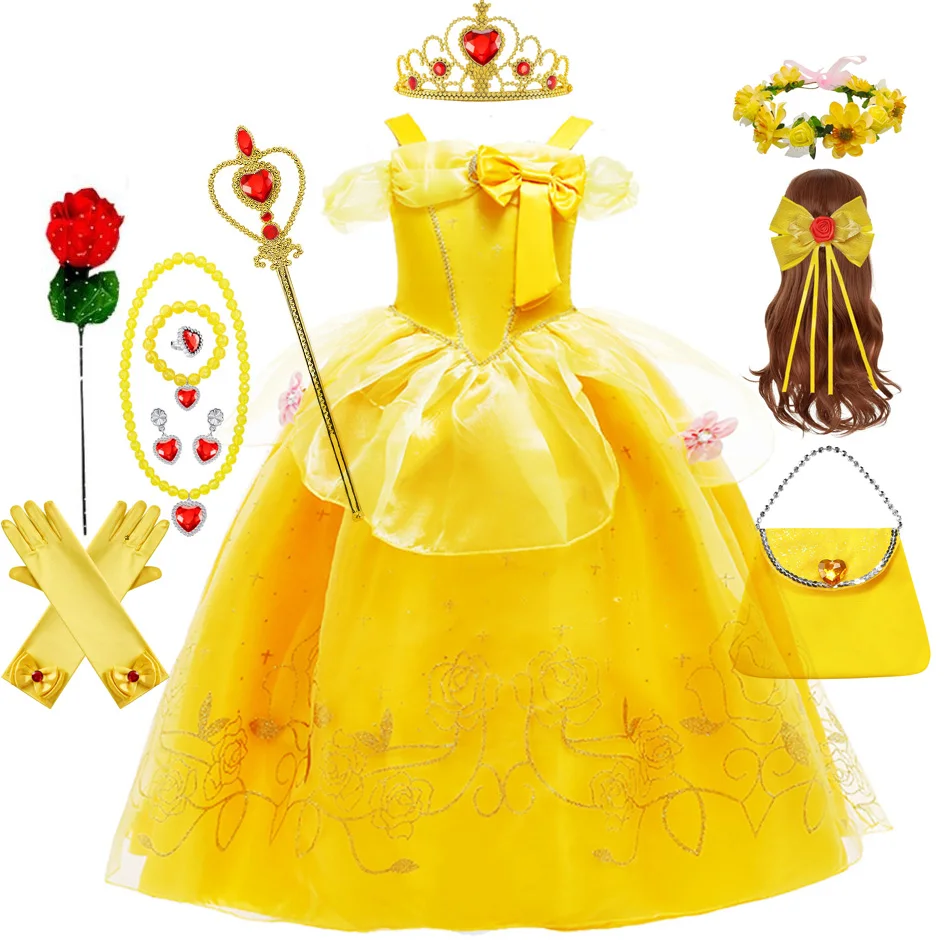 Vestido Bela e Fera para meninas, traje Belle para crianças, roupa de aniversário para crianças, cosplay para jantar, disfarce de Halloween