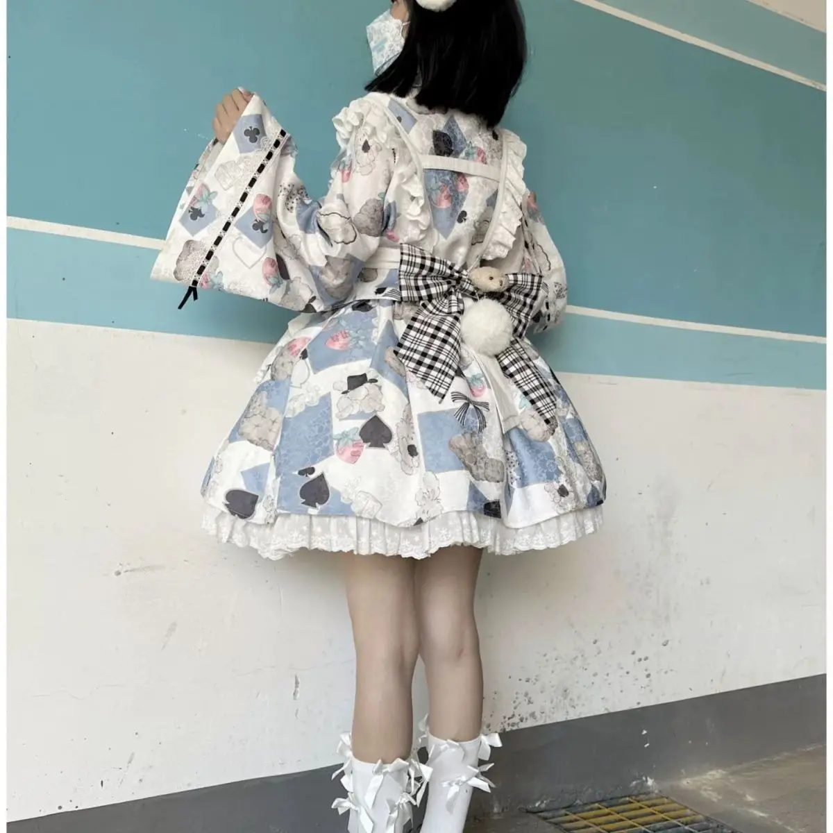 Vestido de renda manga longa para senhoras, lindo vestido de coelho Lolita, Zentai japonês, saia mágica, gato, estampa de renda, kawaii