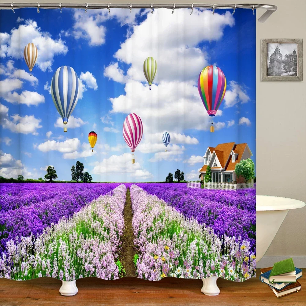 Bathroom waterproof shower curtain beautiful lavender idyllic nature landscape printing bath curtain home decoration curtain