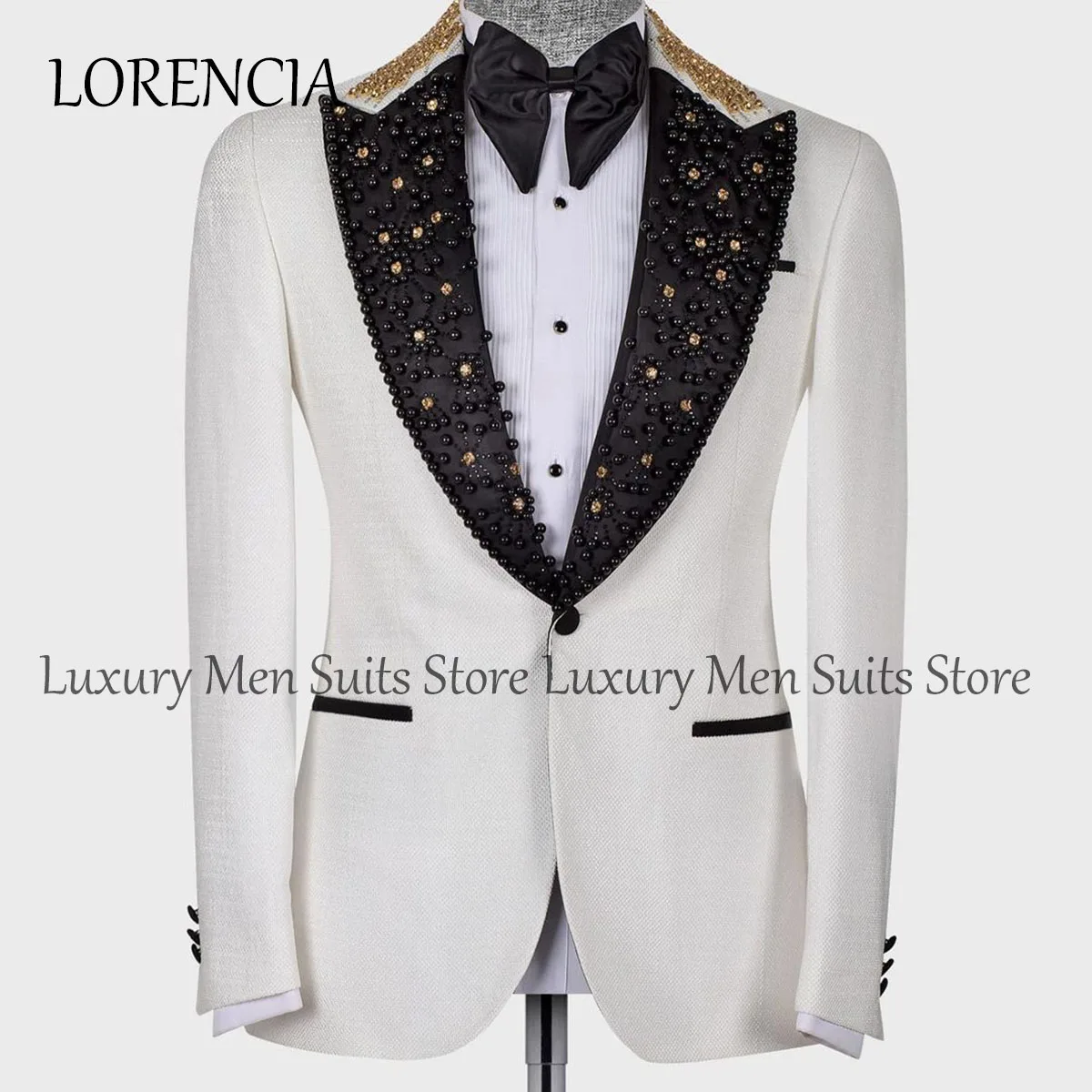 Sparkly Formal Suits Men For Wedding Black Pearls Beaded Blazer 2 Pieces Sets Custom Made Black Peaked Lapel Jacket Pants