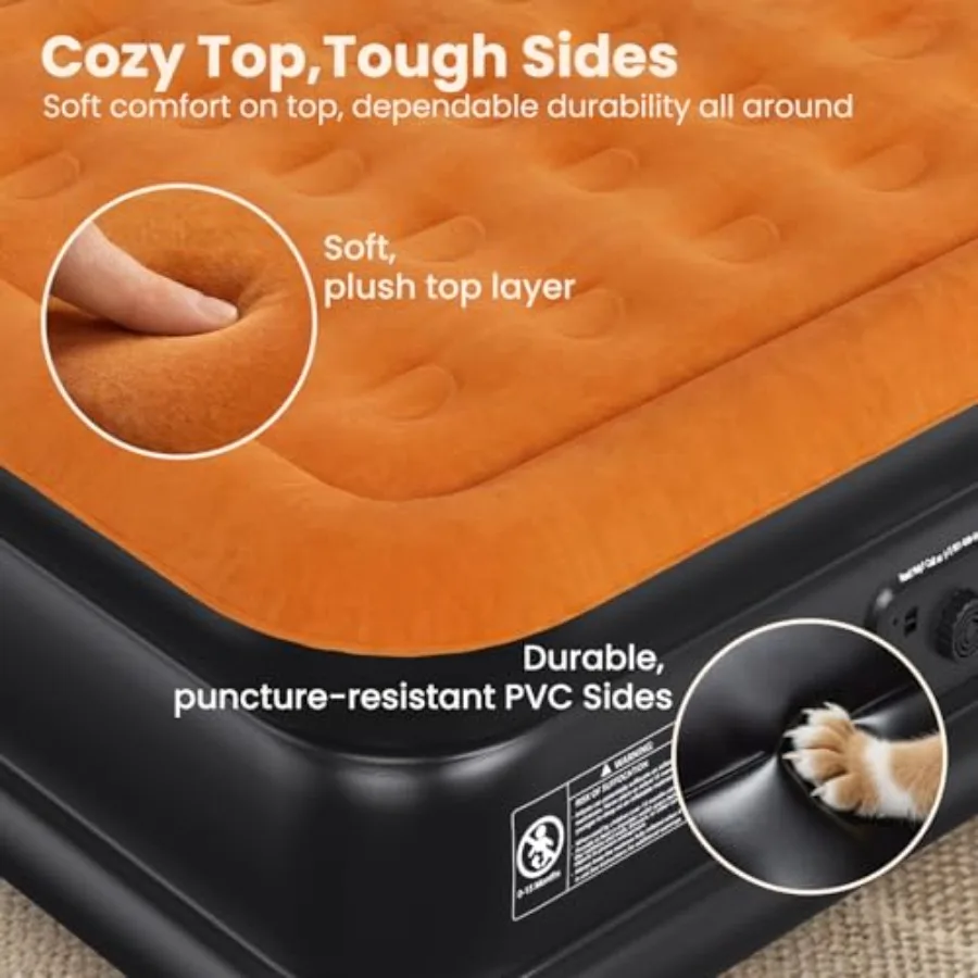 Air Mattress with Built-in Pump for Home Guests Camping, Durable PVC, Gray, Stable Edge Design 48-Hour Leak-Tested, Supports 80
