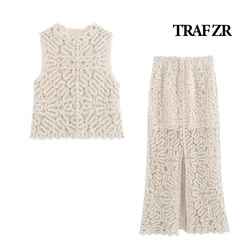 TRAF ZR Set for Evening Women's Fashion Crochet Chic and Elegant 2 Piece Sets Women Outfit Solid Hook Flower Hollow Skirt Sets