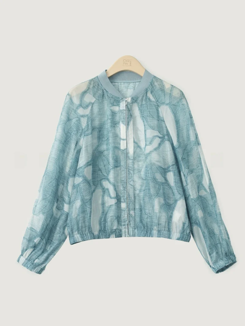 

Повседневная шелковая легкая верхняя одежда с бейсбольным воротником и принтом, женская солнцезащитная рубашка, новинка весна-лето, универсальная модель