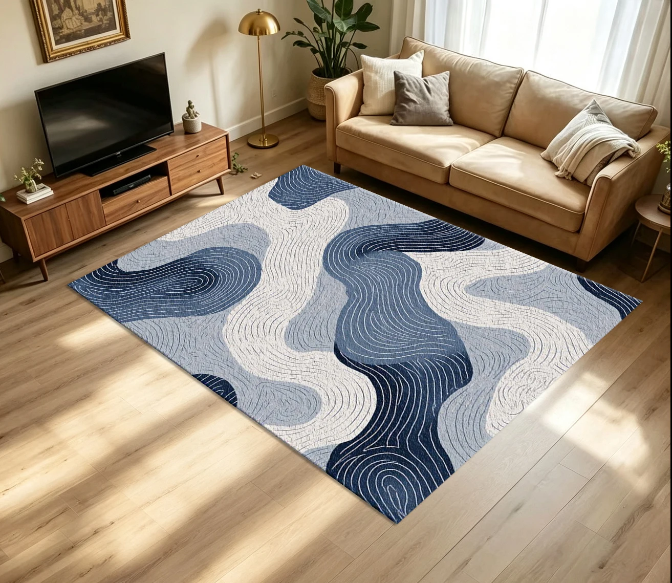 Blue Abstract Wavy Line Carpet Flooring Modern Curved Contour Texture Geometric Art Pattern Printed Floor Rug for Household Indoor Minimalist Aesthetic Home Decoration