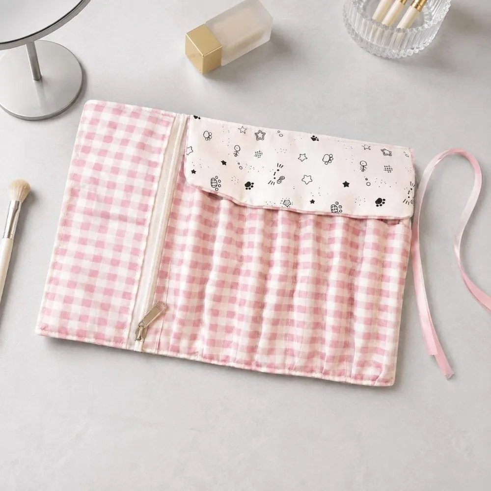 Multi-Slot Makeup Brush Roll Bag Grid Pattern Ribbon-Tie Cosmetic Brush Pouch Lightweight Portable Brush Storage Wrap