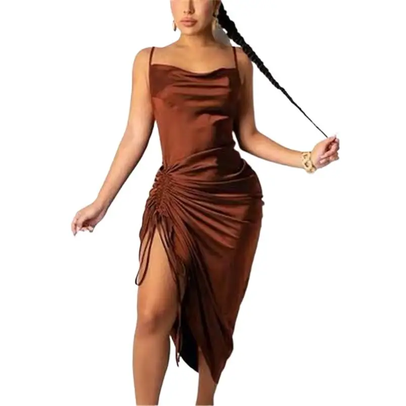 

Summer New Fashion Women Sexy Midi Dress Sleeveless Beach Style Shirring Spaghetti Strap Dress Female Party Satin Vestidos 2024