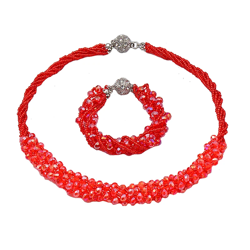 SINLEERY Sexy Red Crystal Beads 5 Layers Chunky Necklaces Hand Chain Women Wedding Party Jewelry XL987