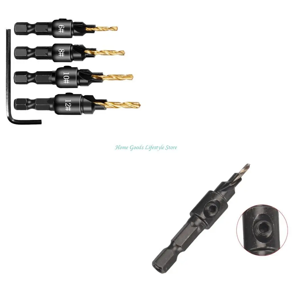 

E74E 4PCS 1/4inch Shank Adjustable Countersink Set Replaceable Drill Bit Woodwork