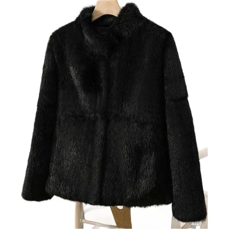 New Short Coat Made of Rabbit Fur + Stand-up Collar Slim-fit Design with Integrated Fur Texture.