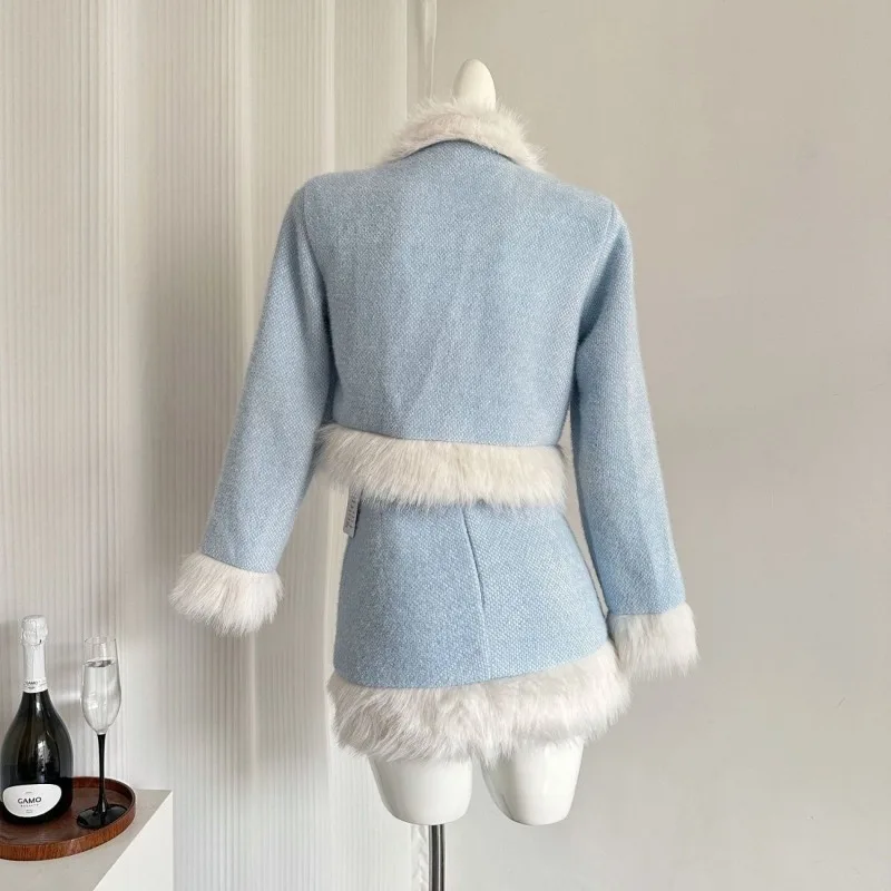 Set Fragrant Style Daughter New Winter Temperament Commuting Fluffy Splicing Jacket Top Skirt Two-piece Skirt Women's Clothing