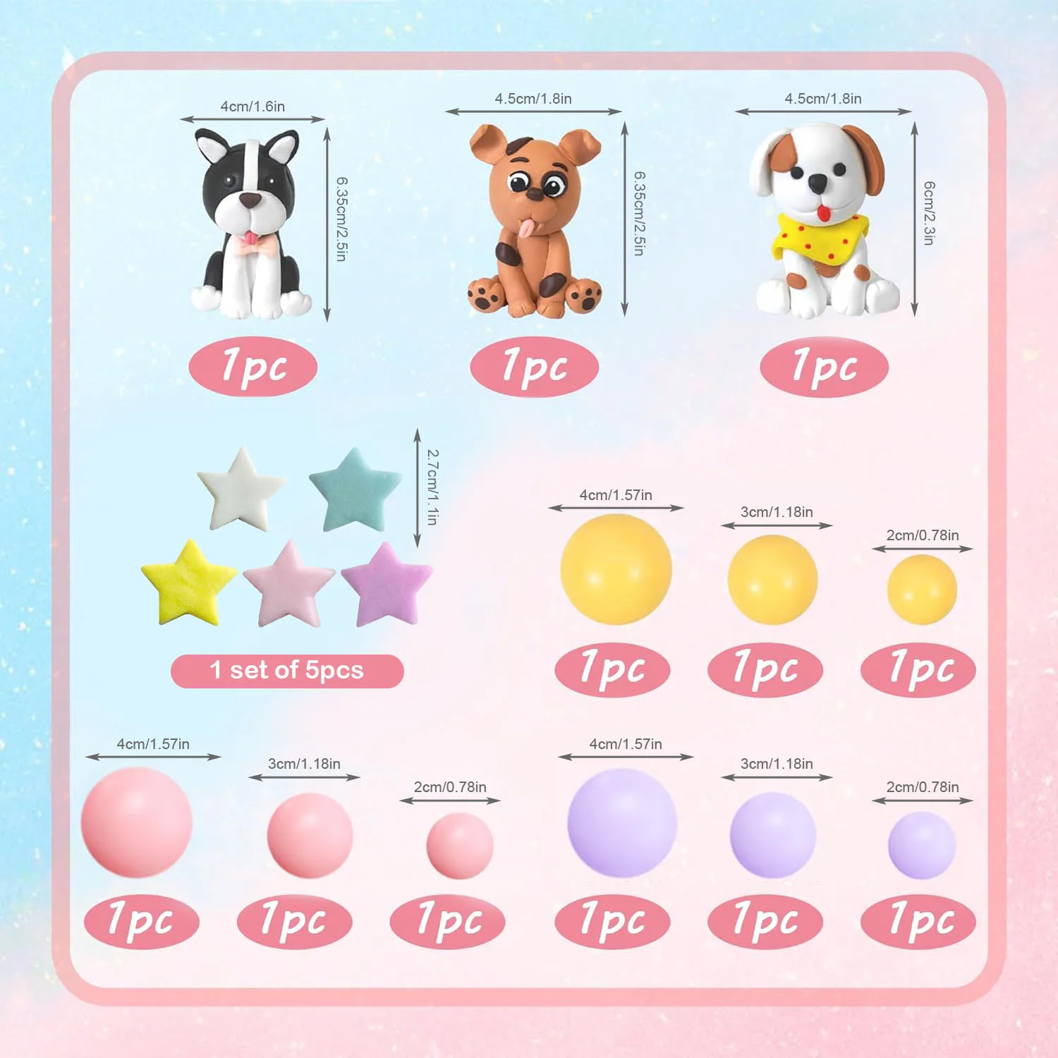 17 Stück Hunde-Kuchenaufsatz, Ton, Welpe, Stern, Gelb, Rosa, Lila, Kugel, Kuchenaufsatz für Hundethema, Geburtstag, Hund, Haustier, Partyzubehör – Detail 2