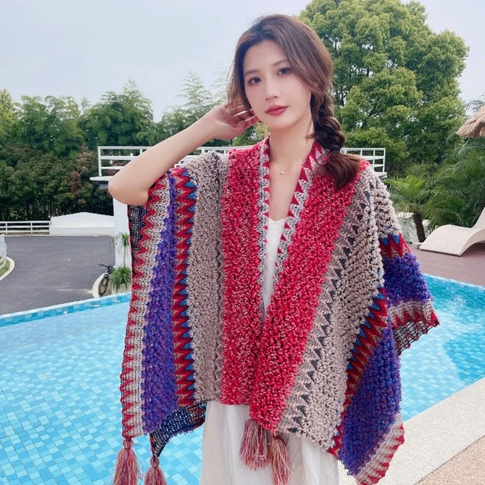 

Women Fashion Bohemian Mongolian Poncho Ethnic Style Winter Warm Knitting Wraps Striped Polyester Knitted Cape Coat Overlays