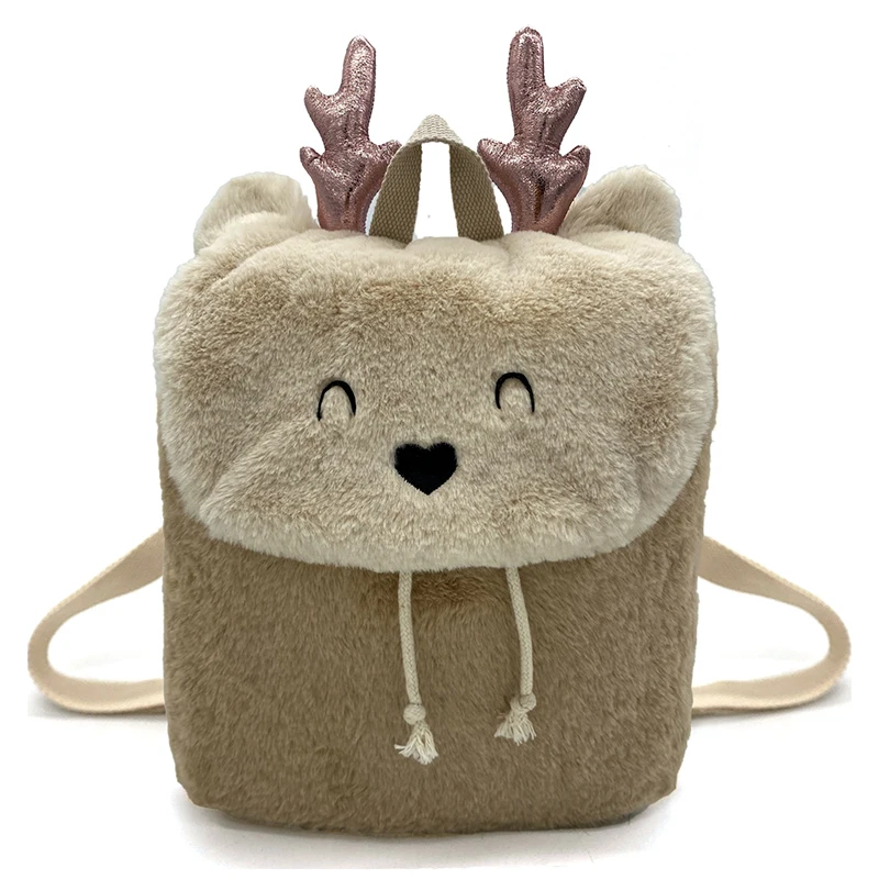 Plush Backpack Faux Fur Tote Soft Plush Casual Bag Elk Antlers Cartoon Ladies Girls Casual Backpacks