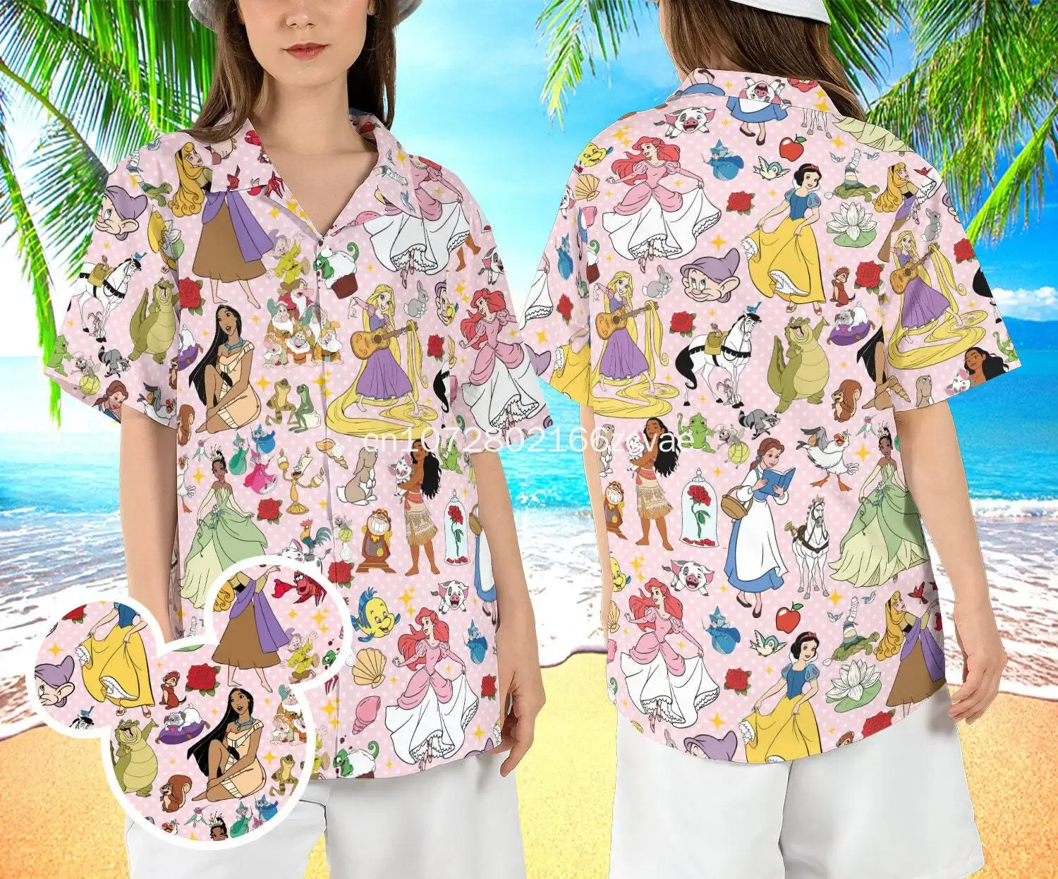 Camisa hawaiana de princesa Disney para hombres, mujeres y niños, camisas de manga corta, camisas hawaianas de Disney, camisa de playa, novedad de verano