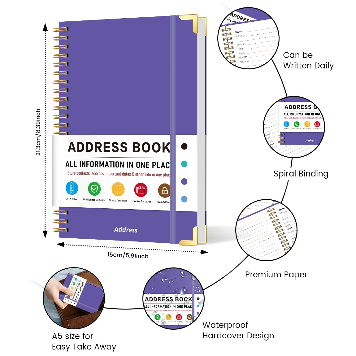 Purple A5 Address Book with A-Z Tabs, Spiral Bound Contact Notebook, Hardcover Organizer with Elastic Band