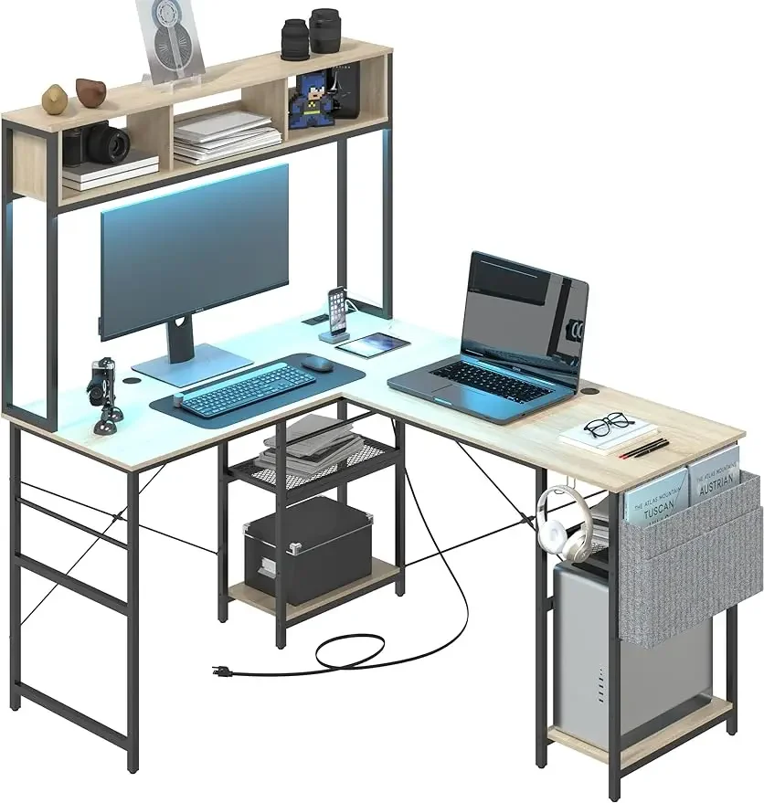 

Tbfit-L Shaped Desk with Hutch, Reversible Corner Computer Desk, Power G Writing Table, Industrial Home Office Oak