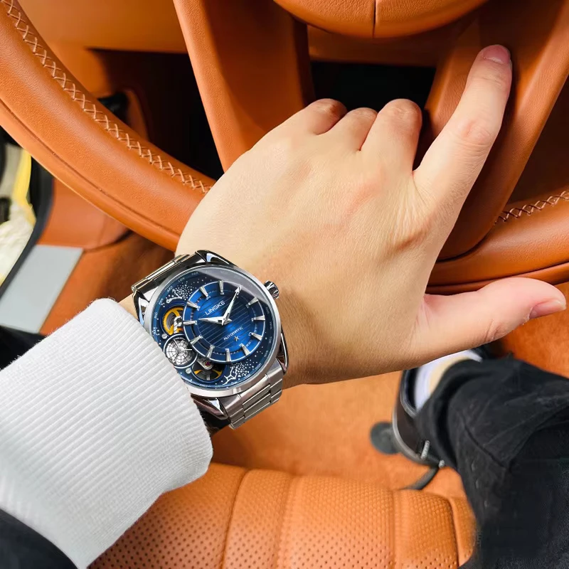 LINGKE orologio meccanico da uomo originale in acciaio inossidabile argento blu lusso luminoso automatico Tourbillon orologi orologio impermeabile