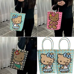 2024 Fashion Hello Kitty Woven Handbag Kawaii All-match Summer Girls Beach Tote Bag Large Capacity Black Kt Cat Vegetable Basket