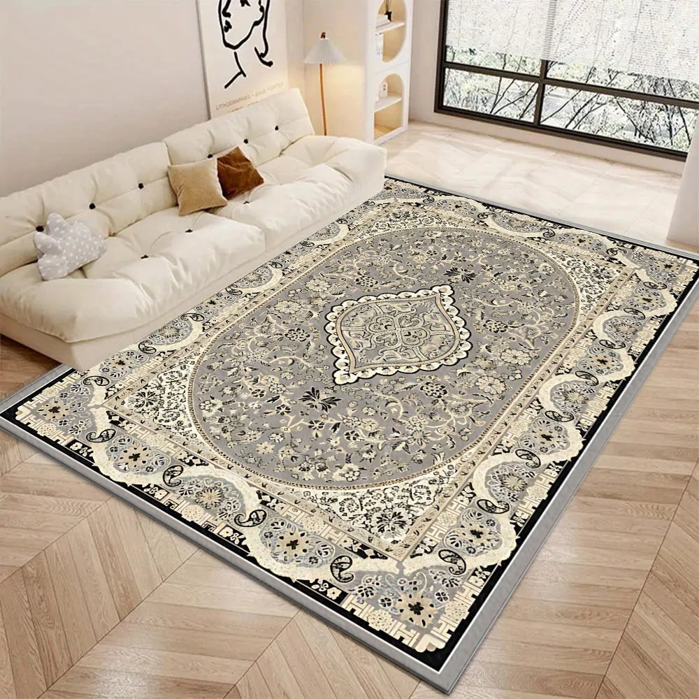 Grey-Cream Luxury Baroque Square Area Rug Elegant Vintage Lace Scroll Floral Ornate Frame Non-Slip Floor Carpet for Living Room Home Decor