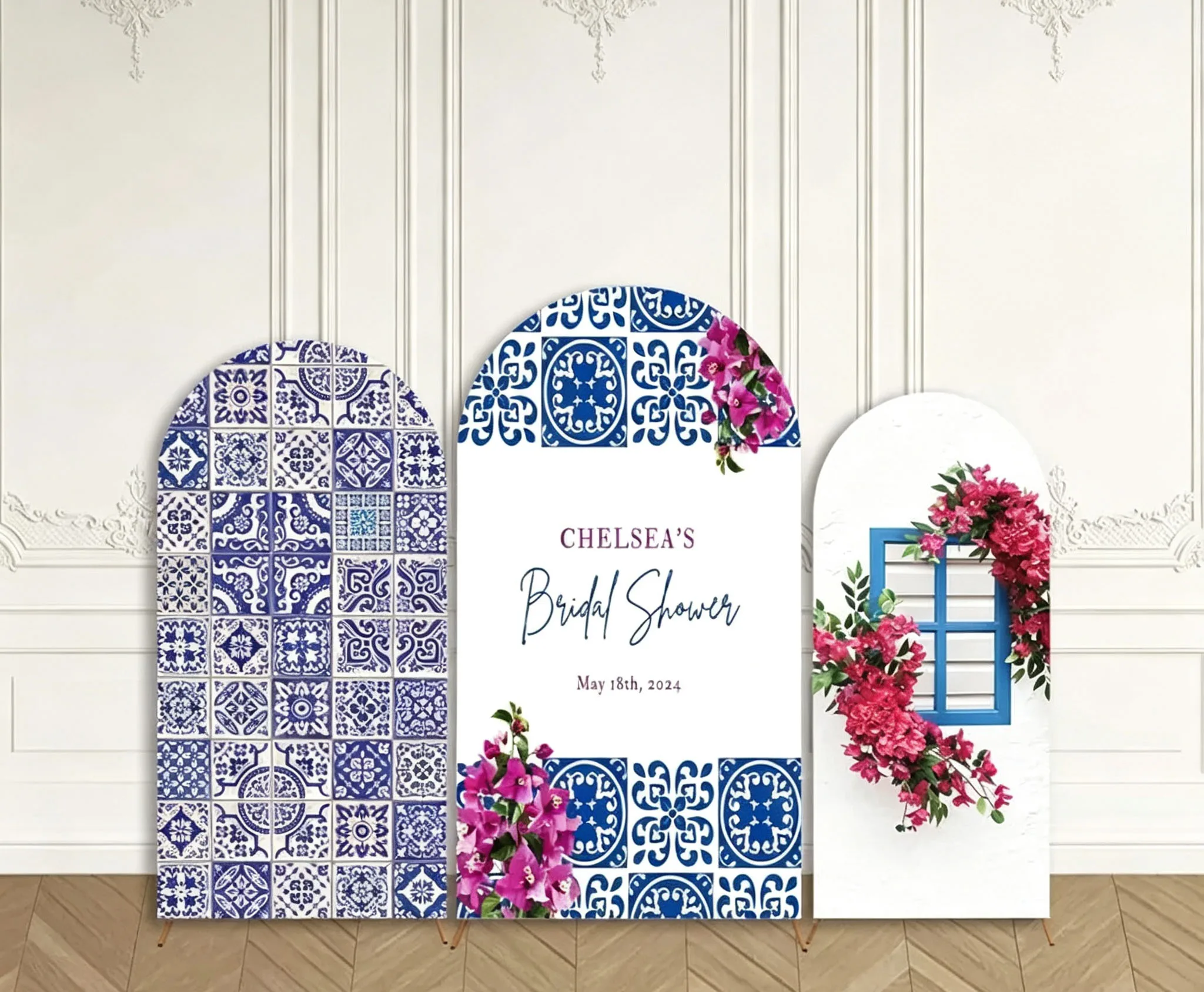 Custom 2-Side Mediterranean Tile Bridal Shower Arch Backdrop Cover Flower Custom Name Wedding Birthday Party Decor Backdrop
