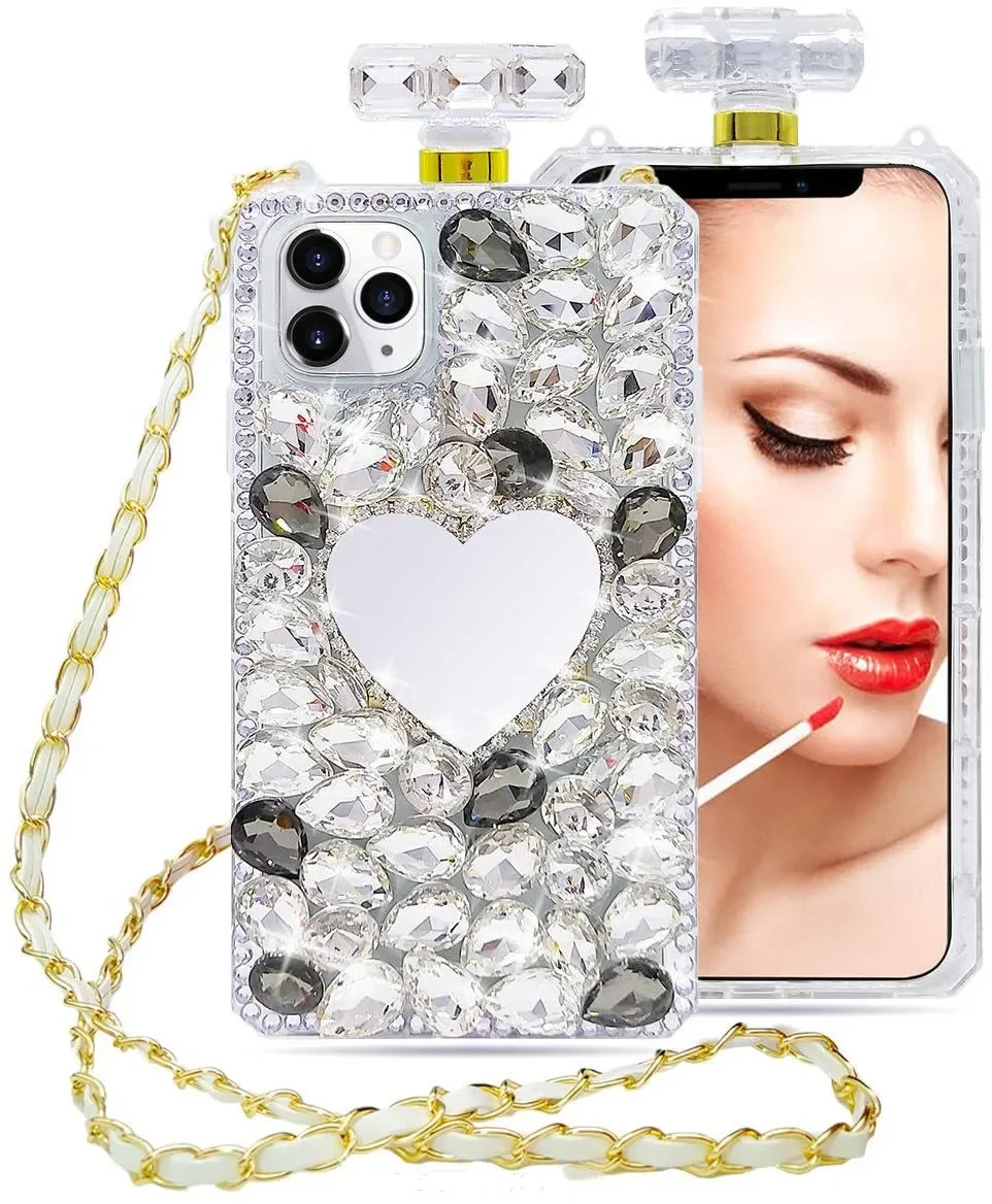 Luxury Diamond Heart Love Mirror Perfume Bottle Case, Bling Color, Diamond, Cover for iPhone16 14, 13, 12, 16Pro Max, 15Plus