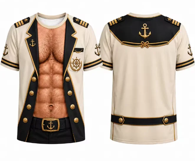 Fun Men Nautical Theme T‑Shirt, Captain Jacket Muscle Optical Illusion Tee, 3D Print Sailor Shirt, Unique Gift For Him