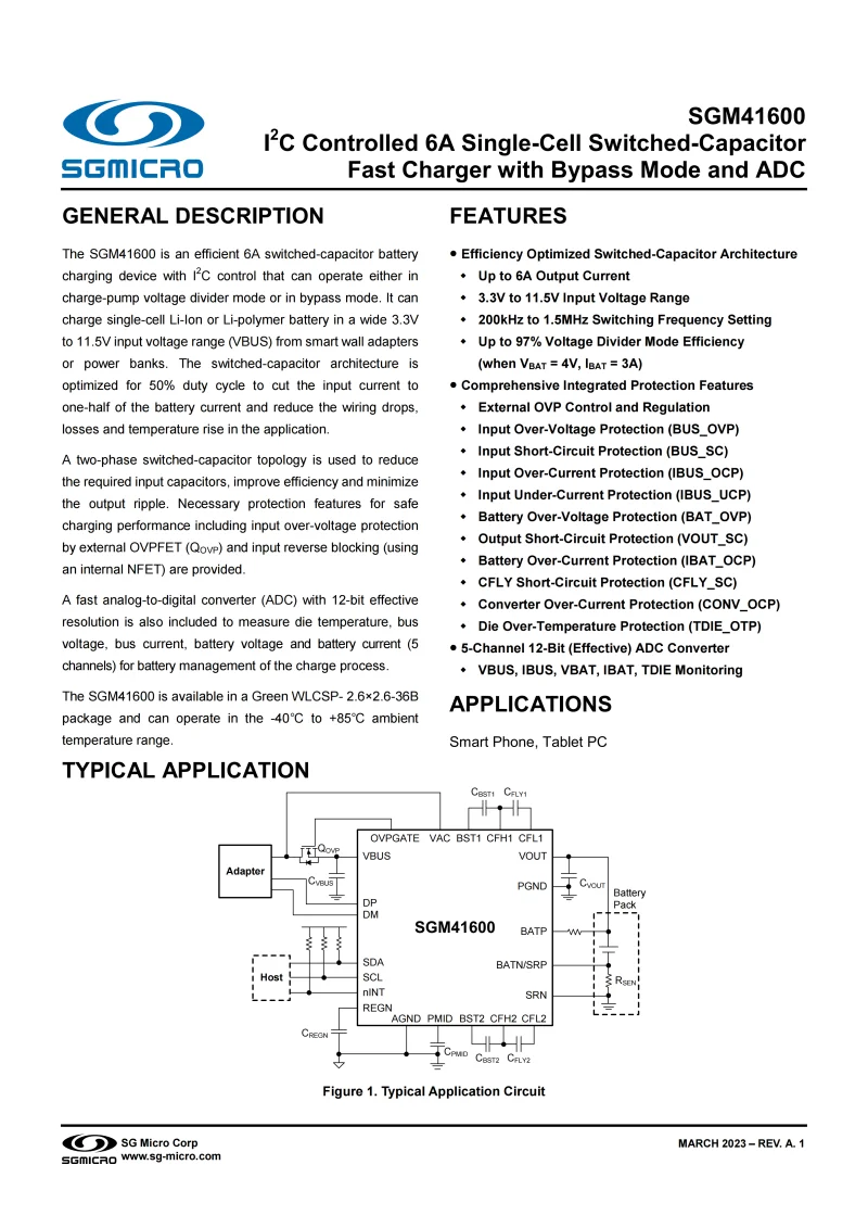 5Pcs/Lot SGM41600AYG/TR WLCSP-36,Marking:0BE,I2C Controlled Single Cell 8A Switched Cap Chargers with Bypass Mode