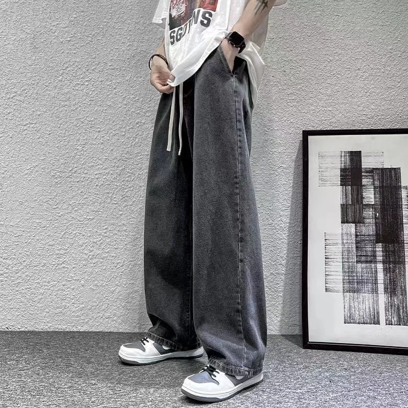 

025Новая уличная одежда, свободные джинсы, мужские модные свободные прямые широкие брюки в корейском стиле, мужская брендовая одежда, черный, голубой