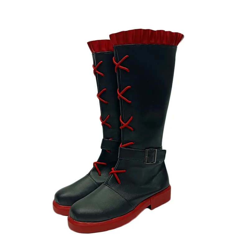 Scarpe da Costume Cosplay rosa rubino stivali in ecopelle fatti a mano neri