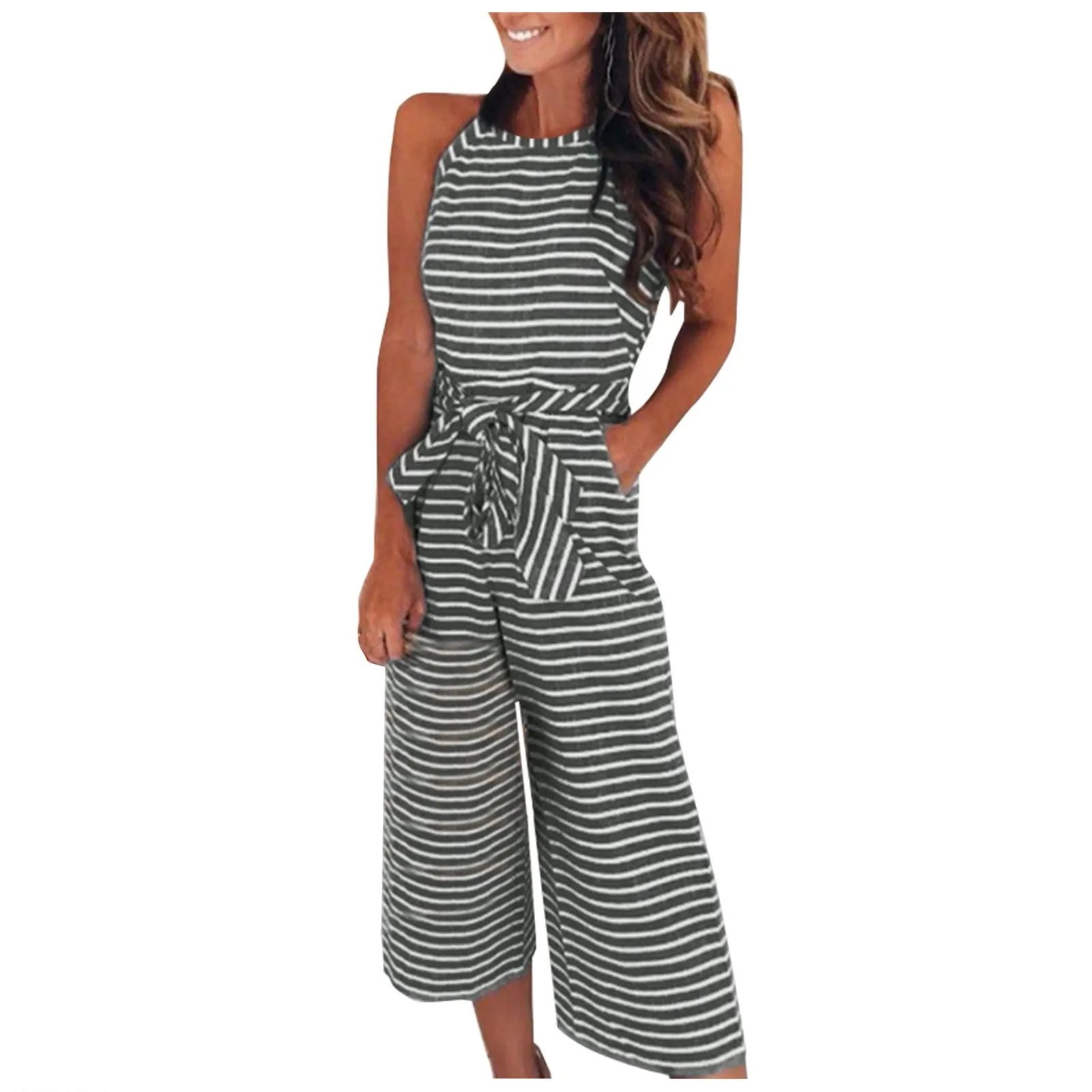 

Women Casual Striped Jumpsuits Sleeveless High Waisted O-Neck Tank Romper Wide Leg Long Pants Summer Party Women Jumpsuits