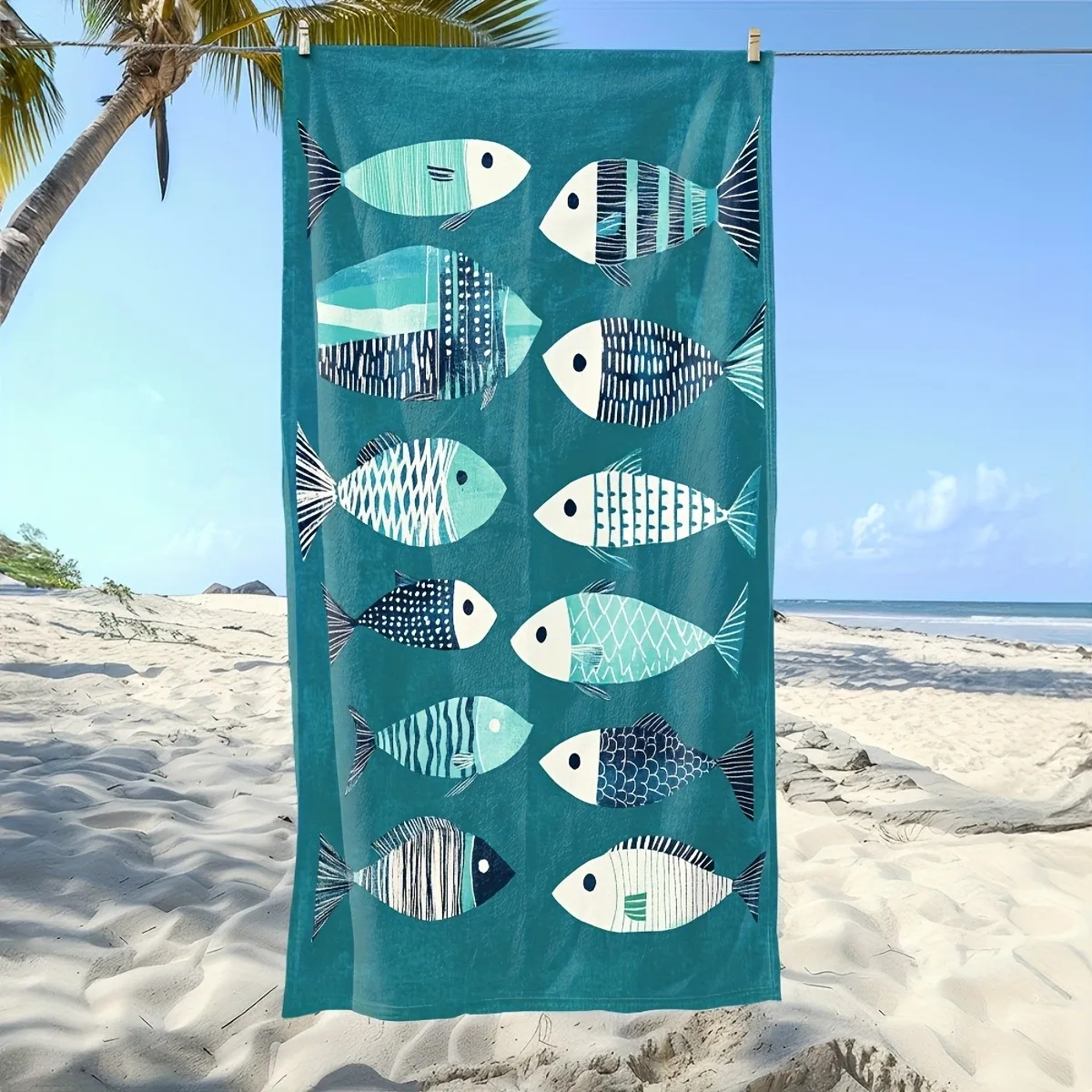 Ocean Fish Illustration Beach Towel Marine Life Pattern For Swimming Pool Beach Day Fun Accessory Gift Idea