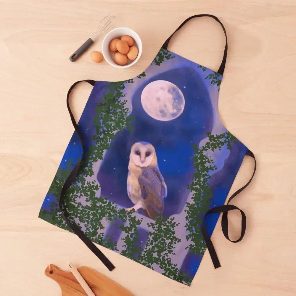 

Barn owl at full moon night Apron japanese style Barista Apron