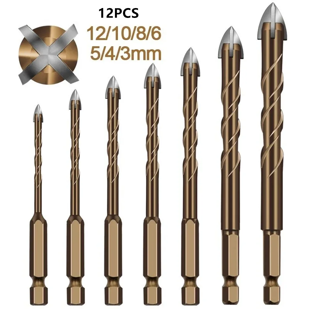 

12 шт. крестообразные шестигранные сверла для плитки, сверла из сплава, стекла, керамики, дерева, бетона, открывалка для отверстий в металлическом дереве, диапазоны сверления от 3 мм до 12 мм