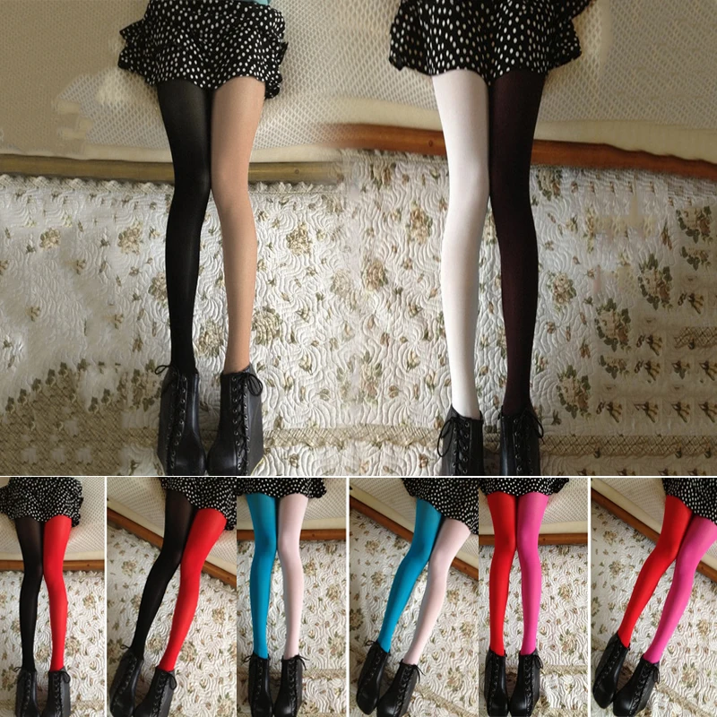 Women Pantyhose Stockings 120D Tights Asymmetry Contrast Color Velvet Pantyhose Girls Sexy Stockings Japanese Elastic Tights