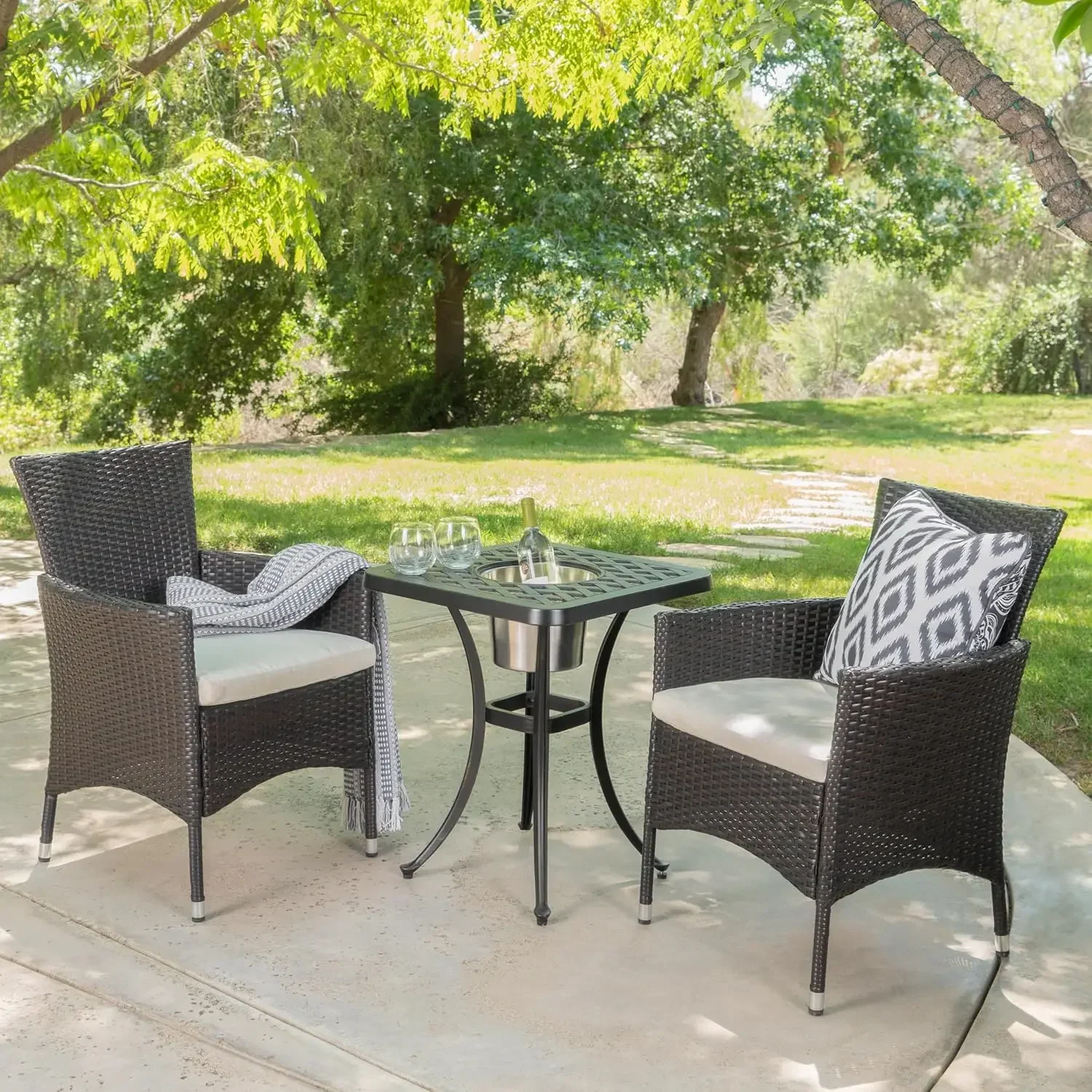 

Ava Outdoor 3 Piece Aluminum and Wicker Bistro Set with Water Resistant Cushions, 23.25 "W x 24 "D x 33 "H