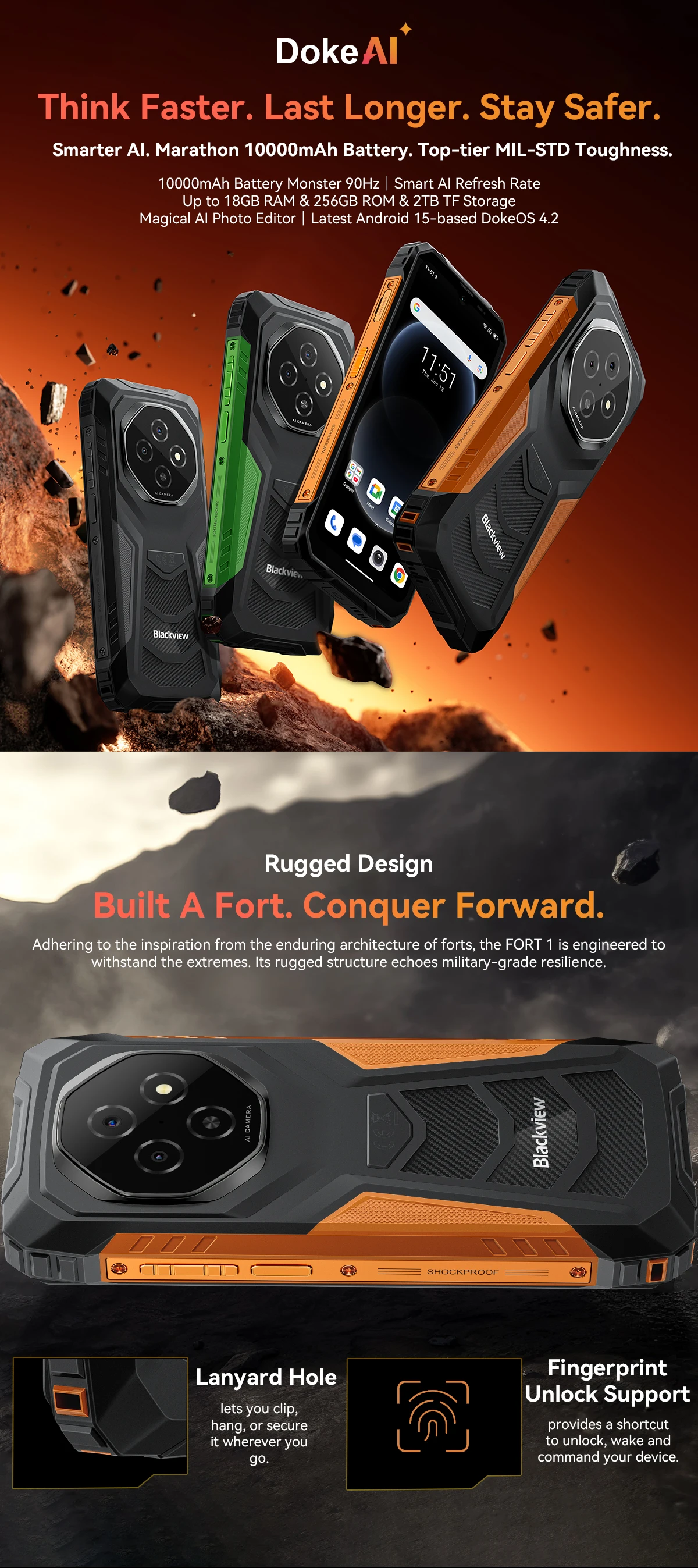 Blackview FORT 1 Rugged Phones, 6.65-inch Android 15 AI Smart Phone 6GB RAM 256GB+2TB ROM, Unisoc Tiger T615 10000mAh Cellphones