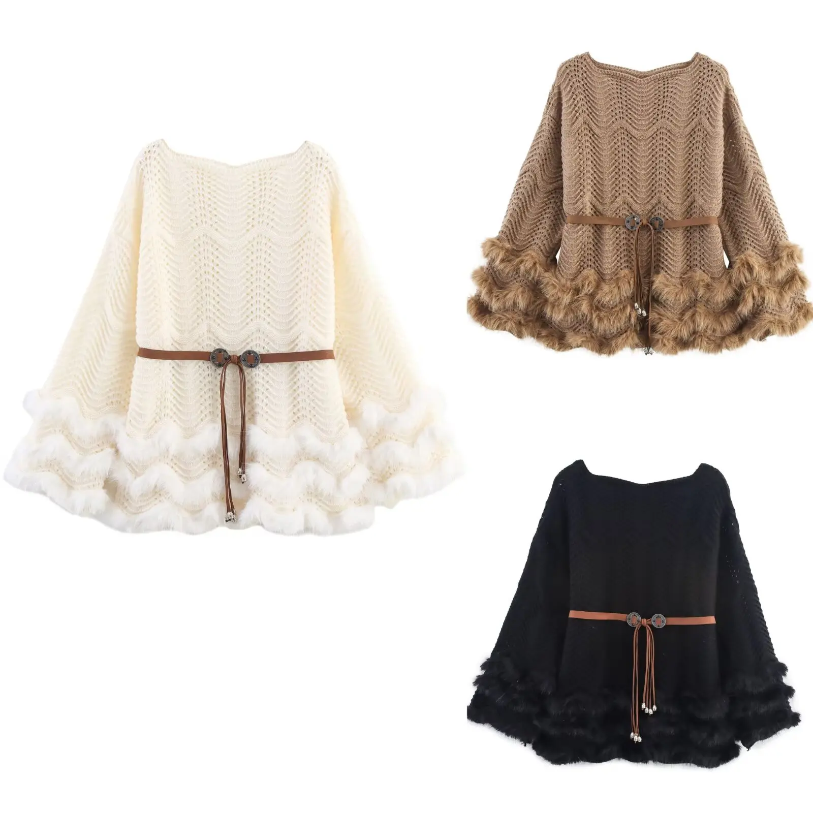 

Woman's Knitted Pullover with Belt Round Neck Long Sleeve Layered Skirt Hem High Street Sweater Autumn New Female Chic Top