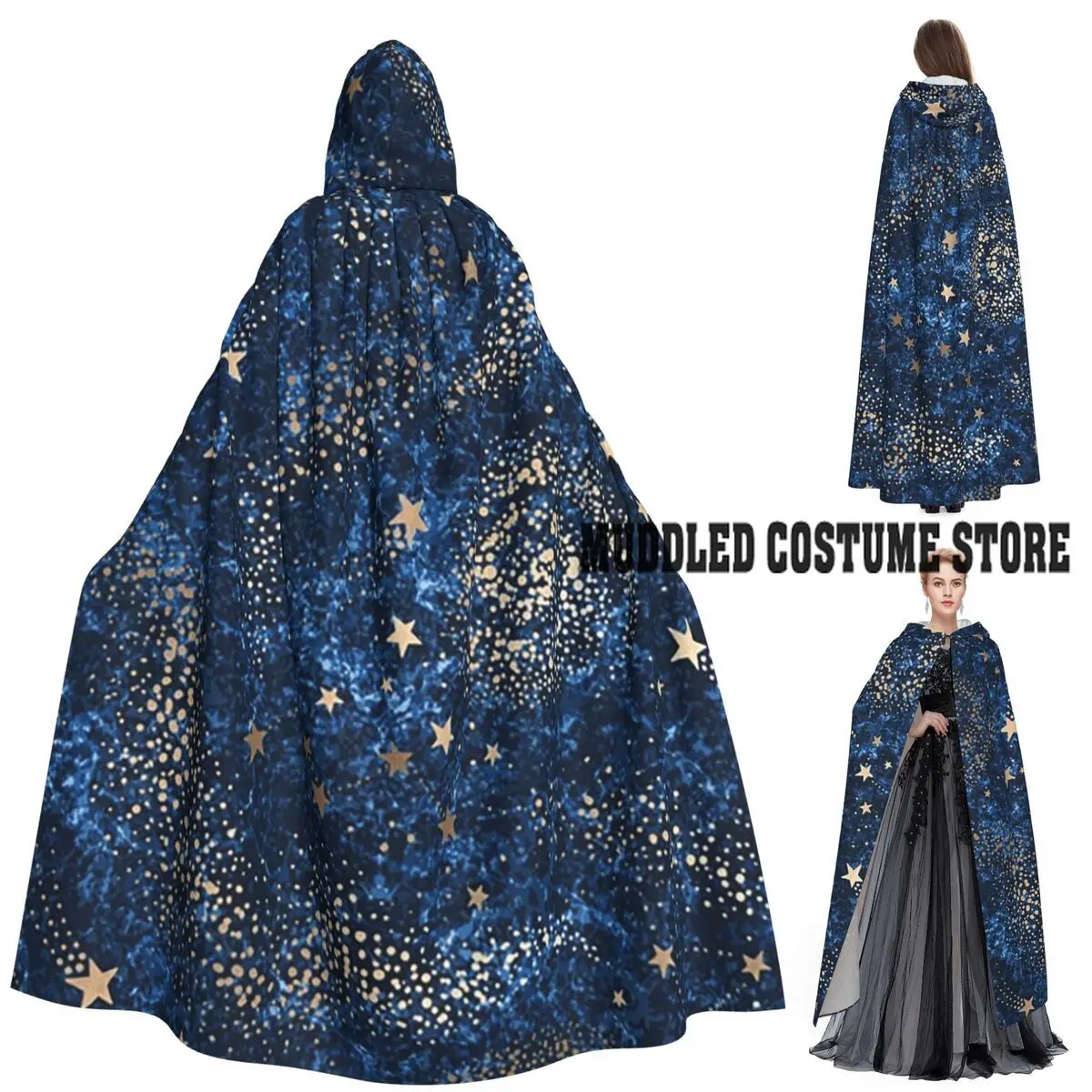 

Золотая туманность, созвездия и звезды, длинный плащ с капюшоном, ведьма, средневековый костюм, накидка для косплея, Хэллоуин, вампир, для взрослых, унисекс