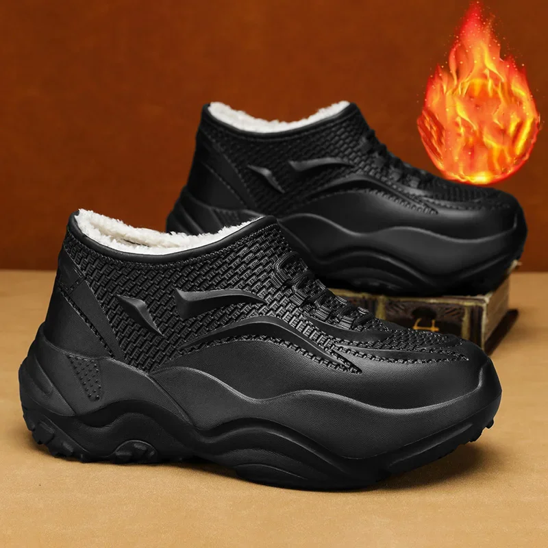 

Men's Shoes Winter Plush Keep Warm Waterproof Shoes EVA Light Thick Sole Round Toe Slip On Ankle Walking Sneakers Shoes Black