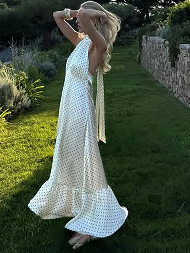 セクシーな背中の開いたプリント水玉ホルター女性マキシドレスサテンレースアップドレス夏スキニーエレガントパーティーイブニングドレス