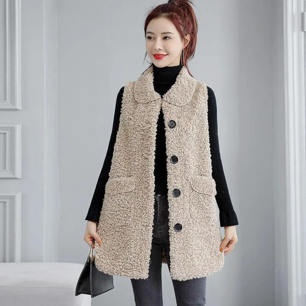 

Fall Winter Women Vest Coat Lapel Sleeveless Solid Color Single-breasted Pockets Fleece Cardigan Mid Length Loose Lady Waistcoat