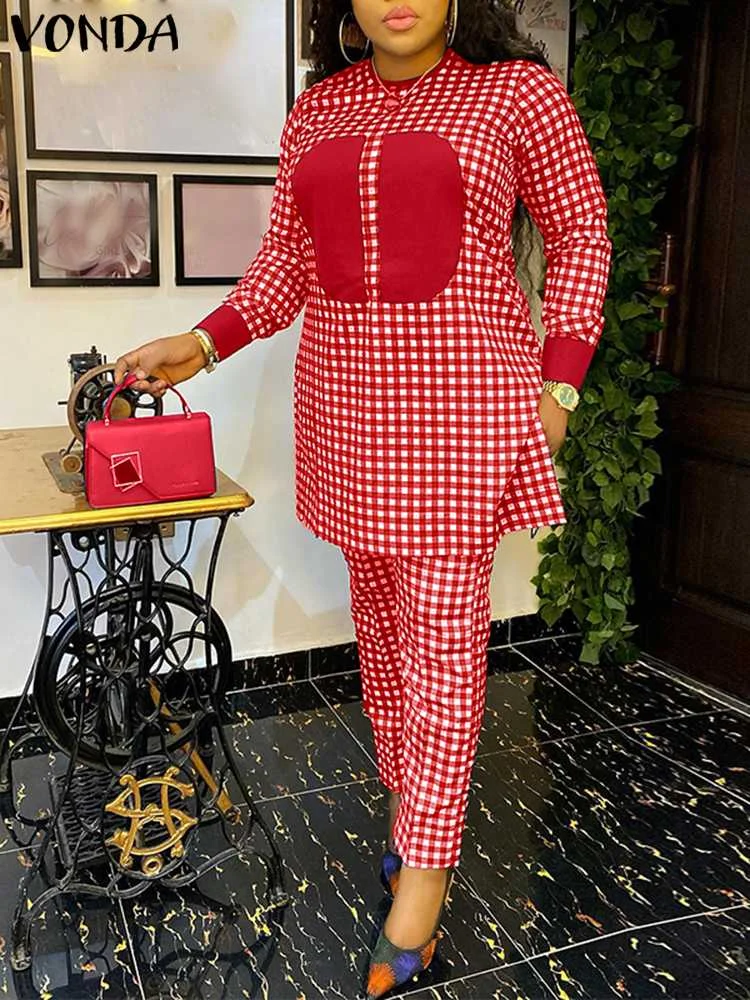 

Plus Size 5XL VONDA Elegant Pant Sets Women Vintage Plaid Check Long Sleeve Tops and High Waist Pants Casual Loose Bohemian Sets