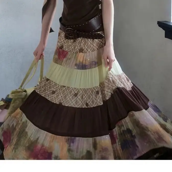 Super Pendulum Color Matching Skirt Retro Printing Long Skirt Design Niche Exquisite Skirt