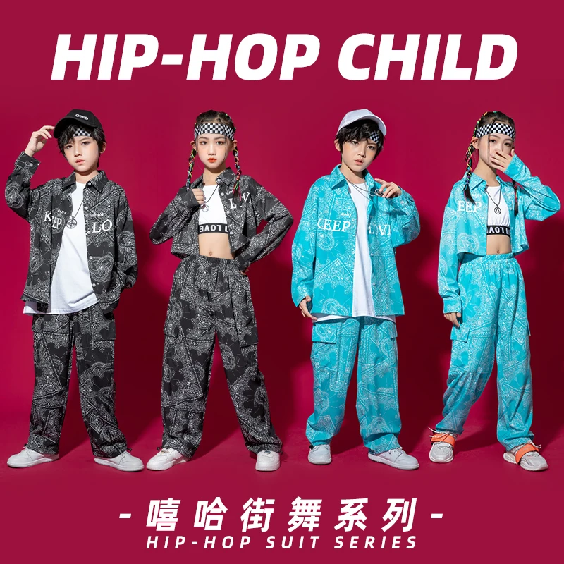 Kids Kpop Hip Hop Dancing Clothing Geometry Print Shirt Crop Top Streetwear Baggy Cargo Pants for Girl Boy Jazz Dance Costumes