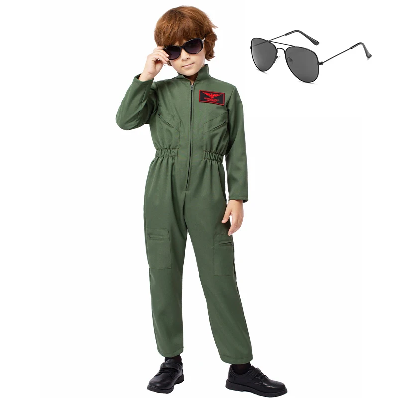 

2026 New Arrival Girls Fighter Pilot Jumpsuit With Glasses Halloween Fancy Dress Up Top Gun Flight Suit Costume for Boy