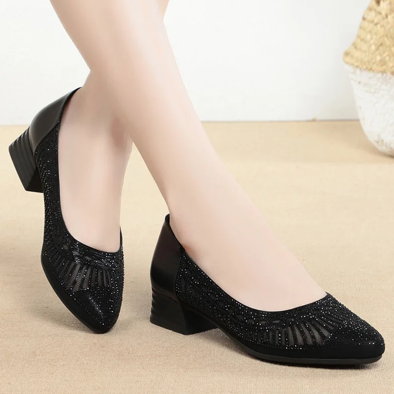 

Women Cute Square Heel Shoes For Party Night Club Lady Black Mesh Breathable Spring Summer Office Pumps Temperament Casual